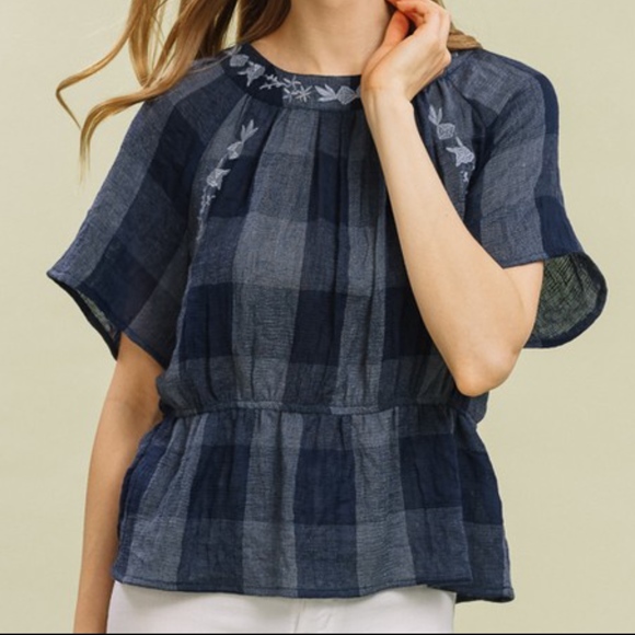 Tops - Last one! NWT Boho Cotton Crinkled Gauze Embroidered Checkered Top